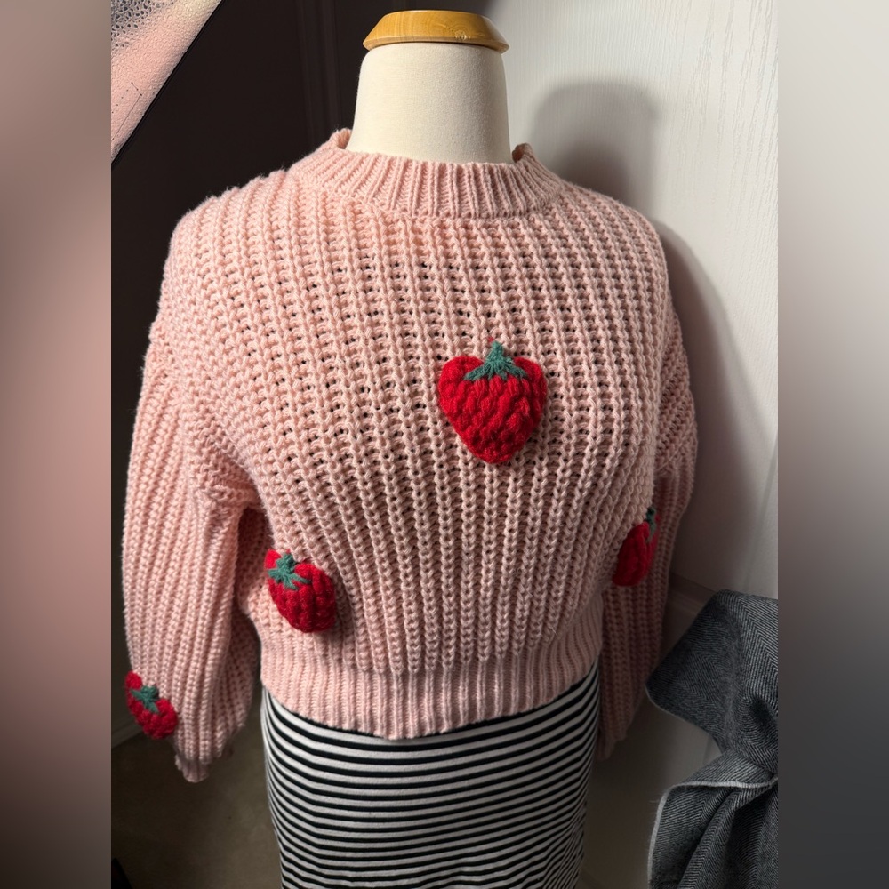 Pink Sweater with Strawberry Embroidered Accents